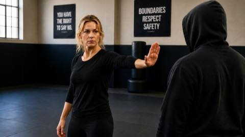 Person demonstrating a firm verbal boundary in a training scenario, arm extended in a "stop" gesture.