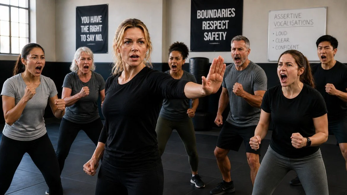 Self-defence class learning how to defend yourself with assertive vocalisations